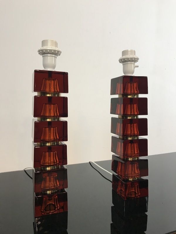 Paire de pieds de lampes de table vintage par Carl Fagerlund Pour Orrefors, années 1960