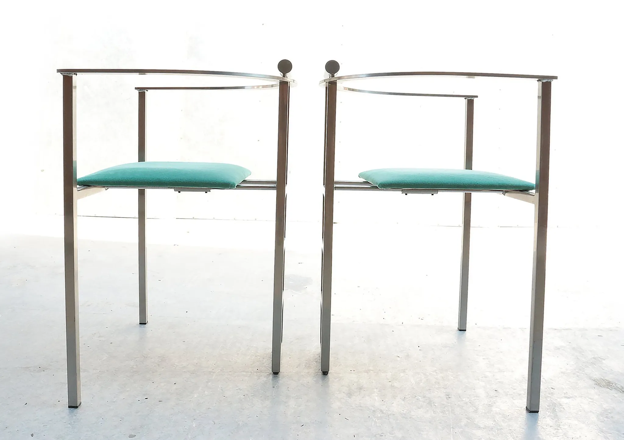 Pair of Memphis style Belgo Chrom chairs, steel and green velvet, 1980s