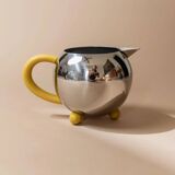 Space Age Vintage 1980s Stainless Steel Tea and Coffee Set with Yellow Accents Teapot Creamer and Sugar Bowl
