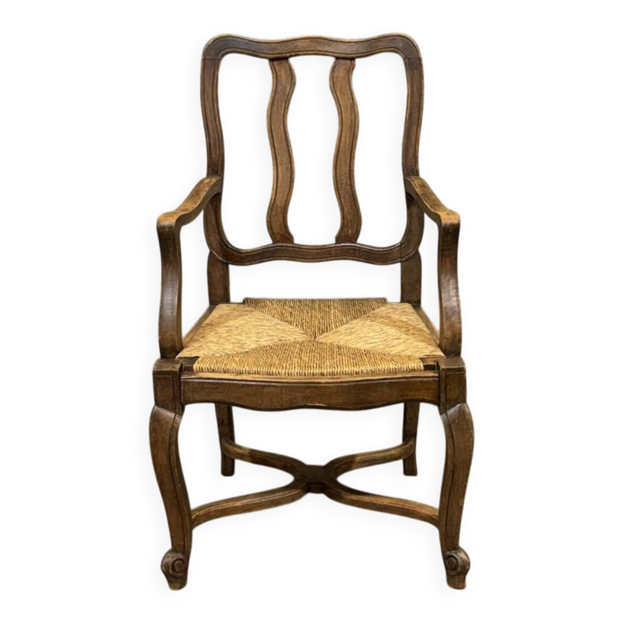 20th-century armchair in beech with a straw seat in Louis XV style.