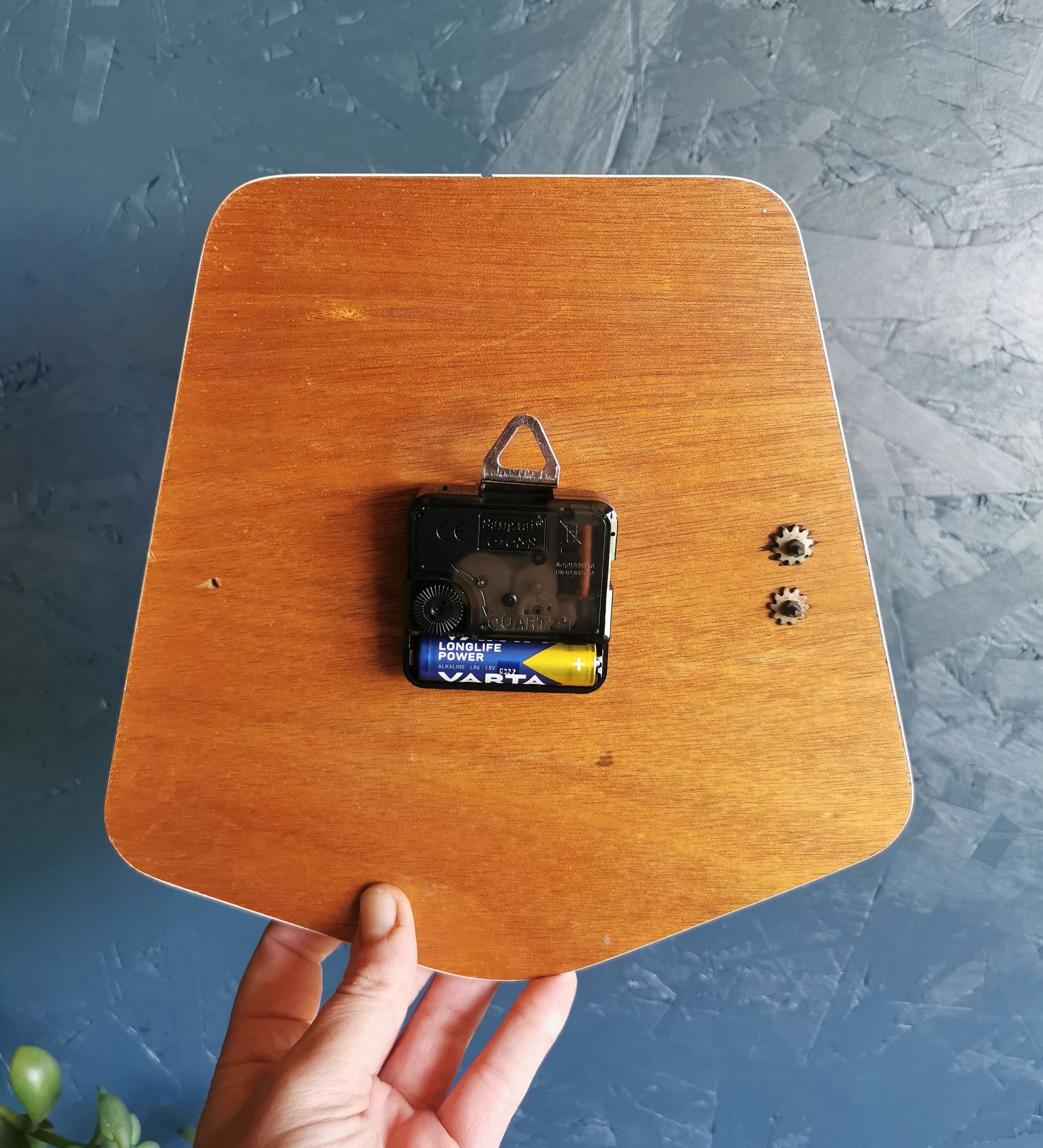 Vintage clock silent trapezoid wall clock "Trophy blue white ochre"