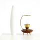 Large 1950s table lamp made of brass and teak, with a frosted glass shade