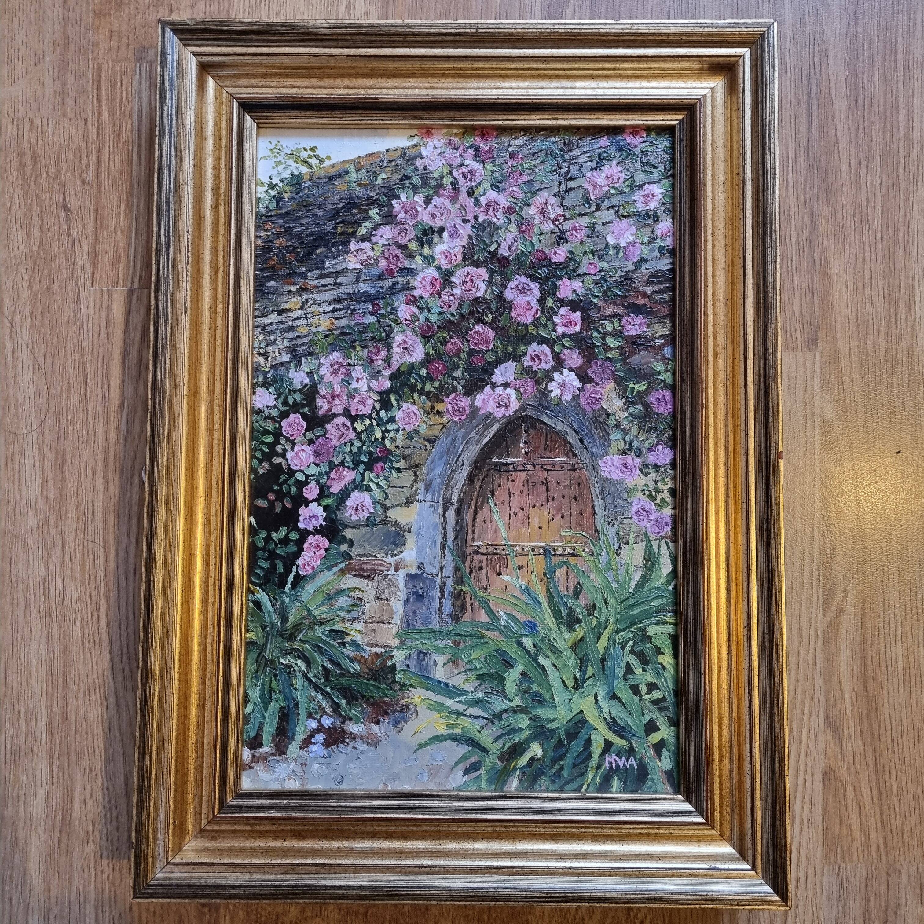 Oil on canvas signed flowered house golden frame