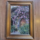 Oil on canvas signed flowered house golden frame