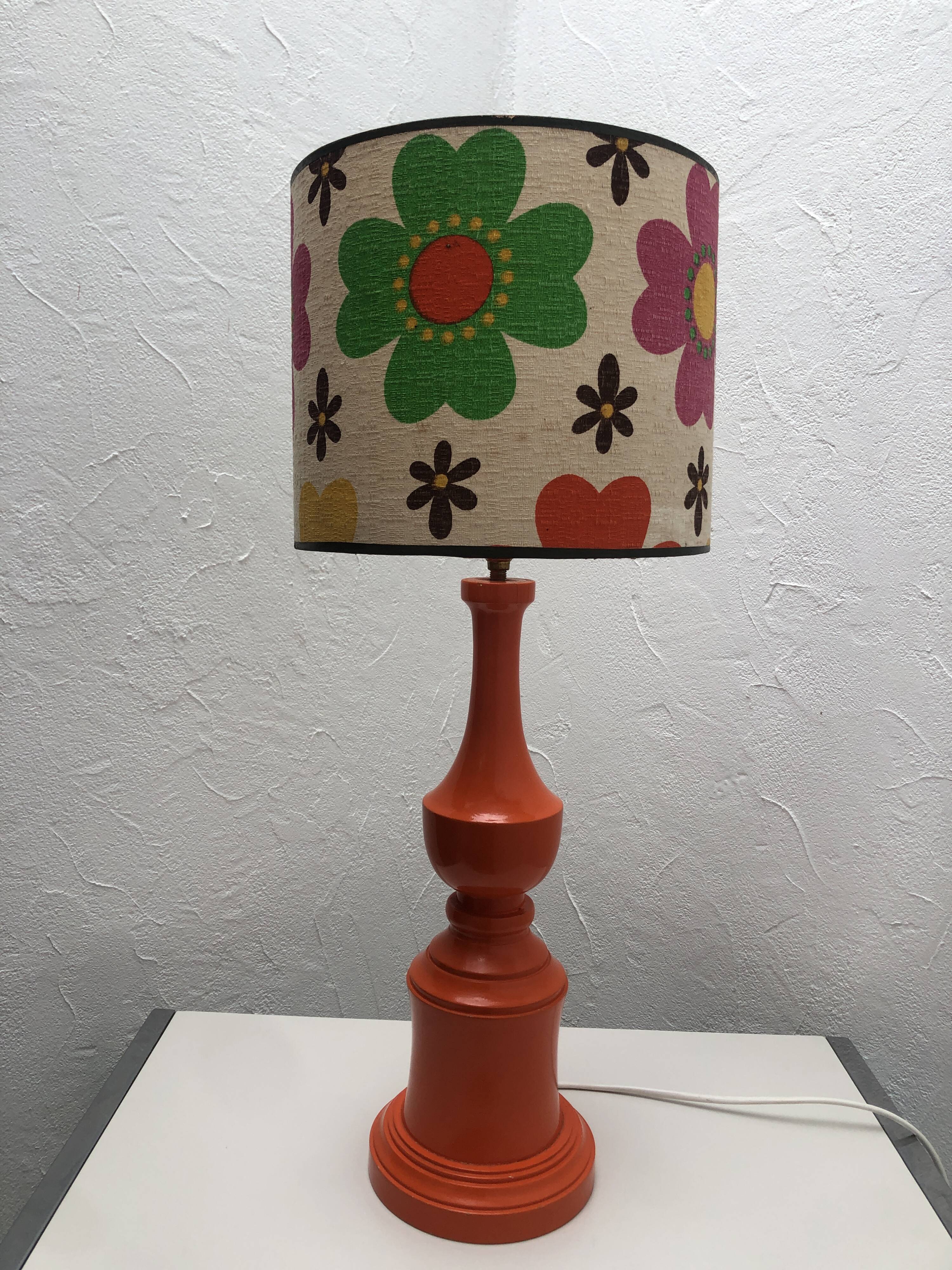 Orange lamp and lampshade floral pattern 1970s