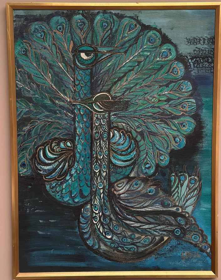 Original X Large European Oil On Canvas – “Peacocks” By Covey/Givell – Dated 1974 – Vintage & Framed