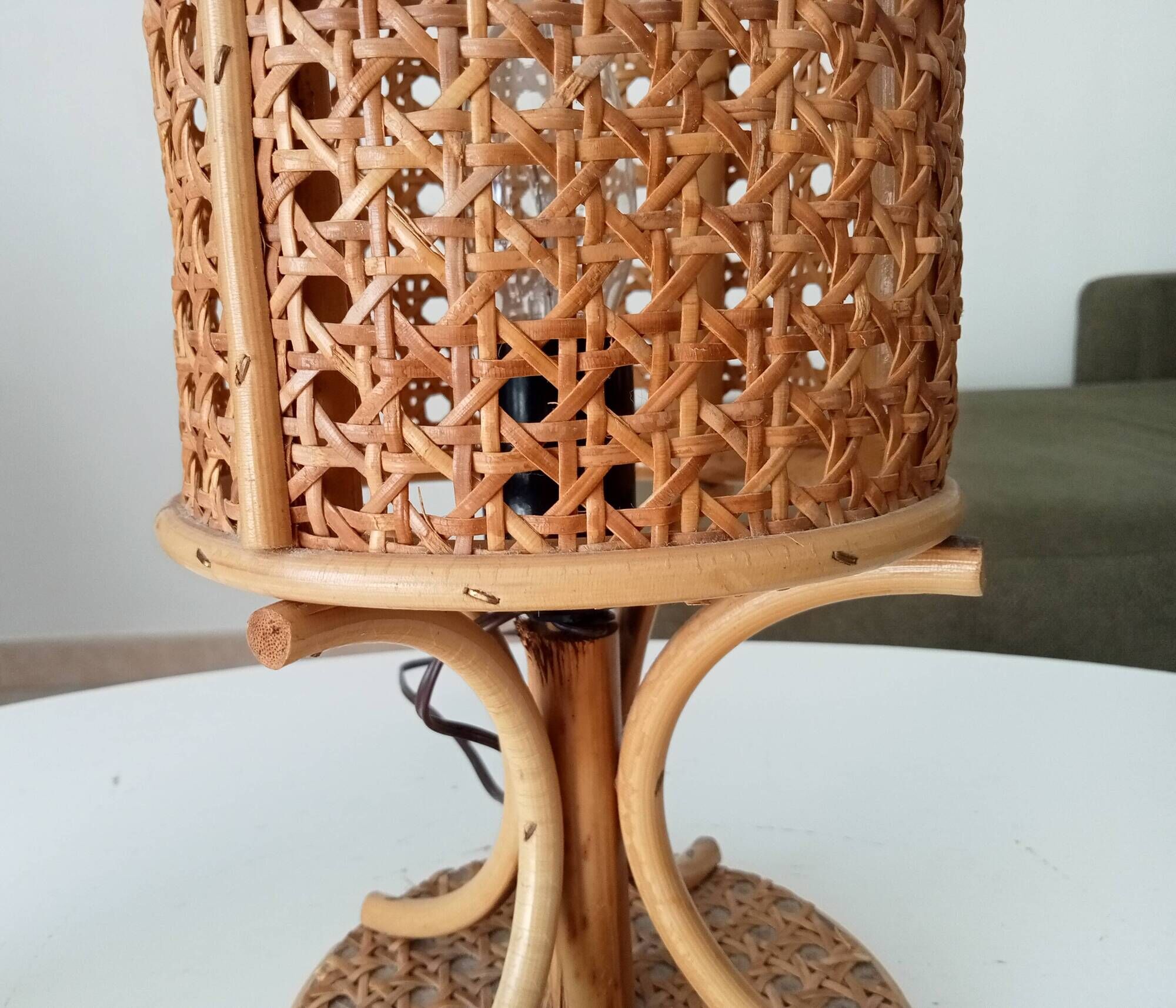 Vintage table lamp in organic style, French Riviera, rattan and caning.