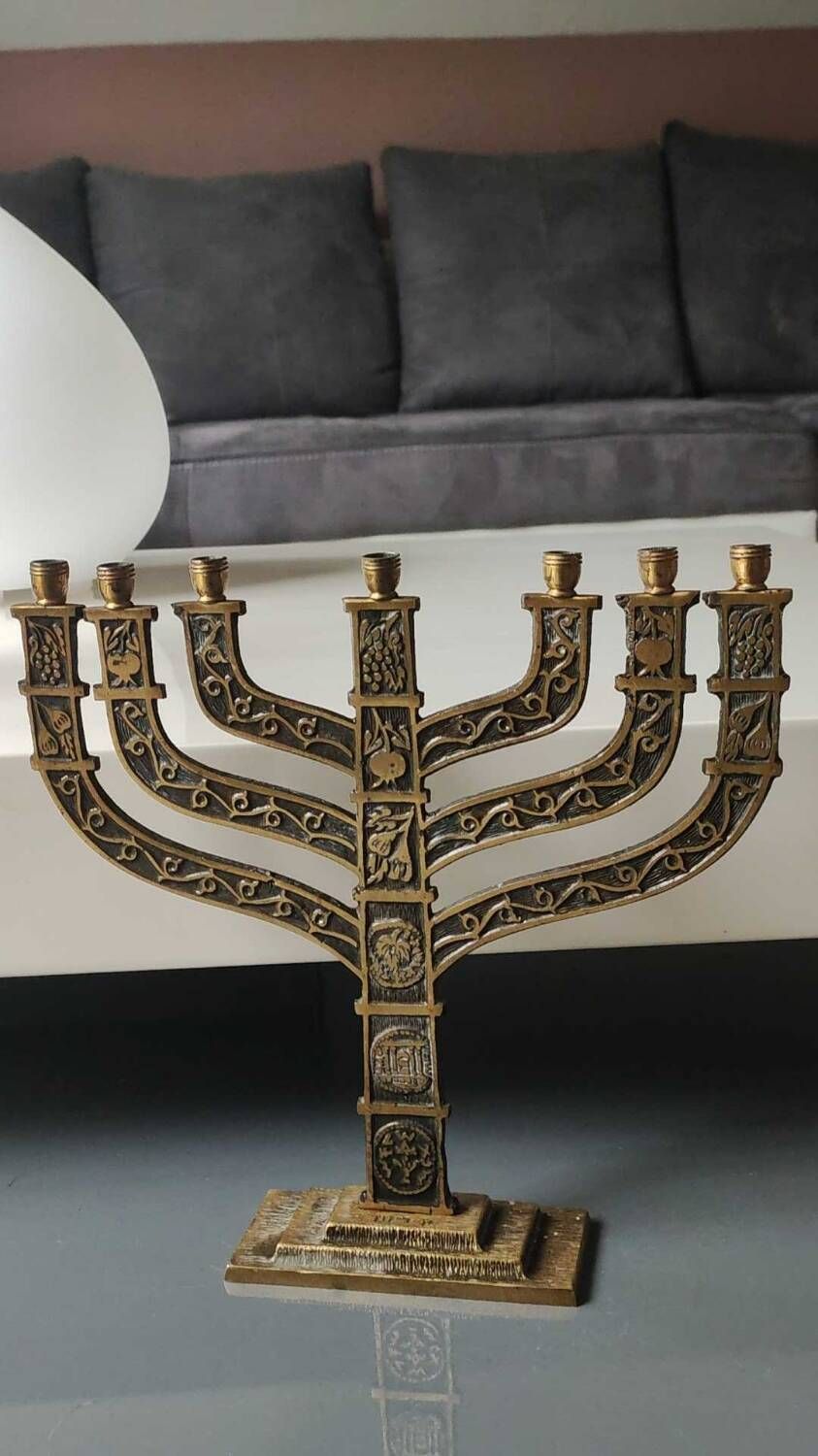 Old Large Menorah/Jewish/Hebrew Candlestick with 7 lights. Signed "Israel". 1950s. Size 23 x 24 cm
