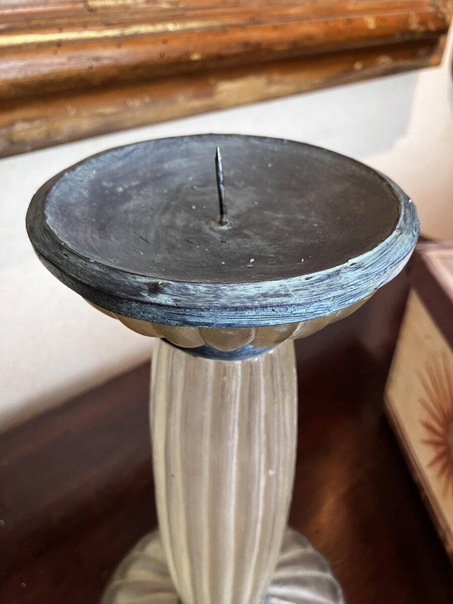 Art Deco Frosted Acrylic and Verdigris Brass Pricket Candleholder