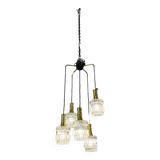 Lustre cascade à 5 feux, verre et laiton, années 60