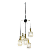 5-light waterfall chandelier, glass and brass, 1960s