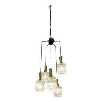 5-light waterfall chandelier, glass and brass, 1960s