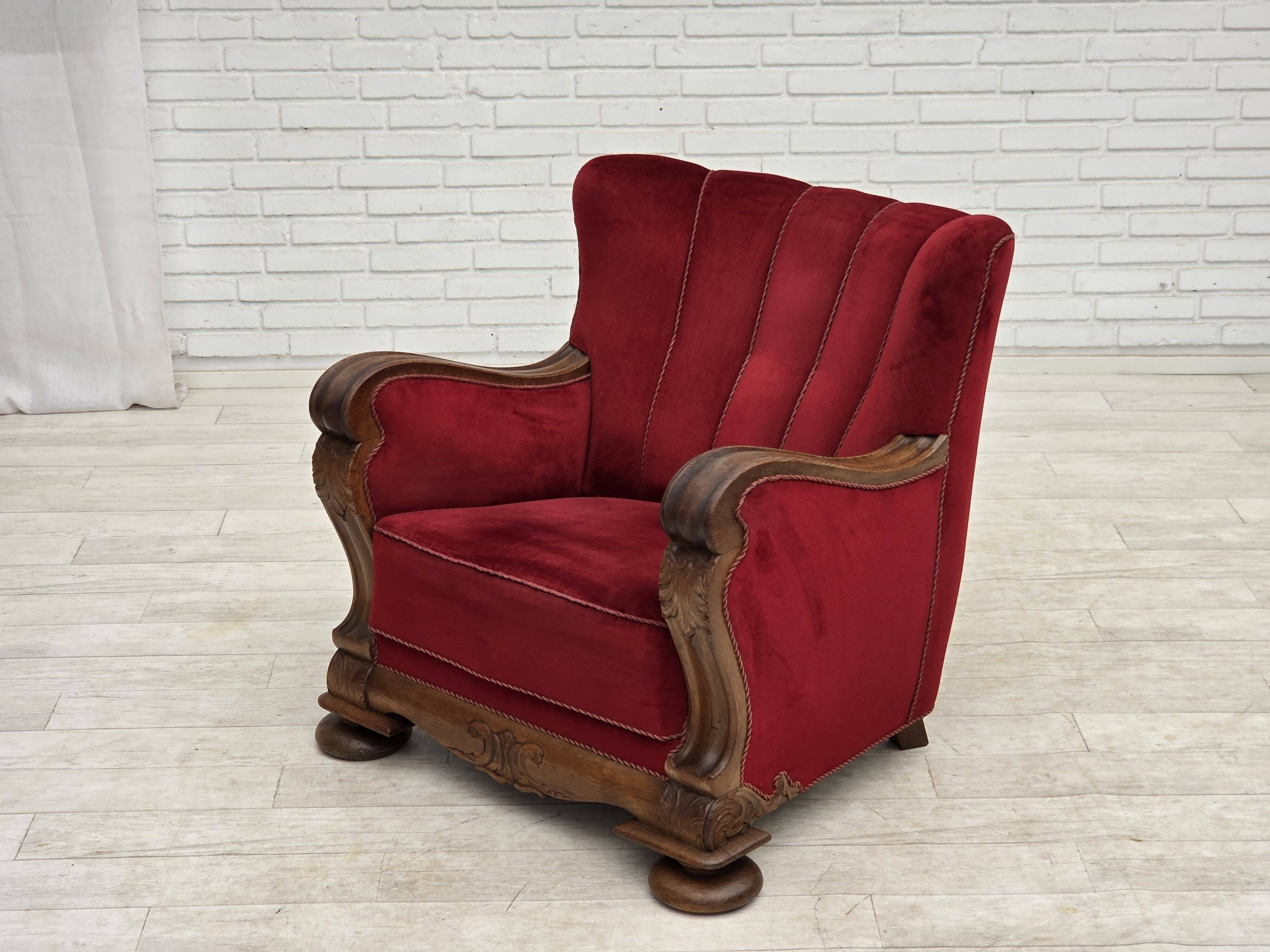 1950s, Danish relax armchair, furniture velour, carved oak wood.