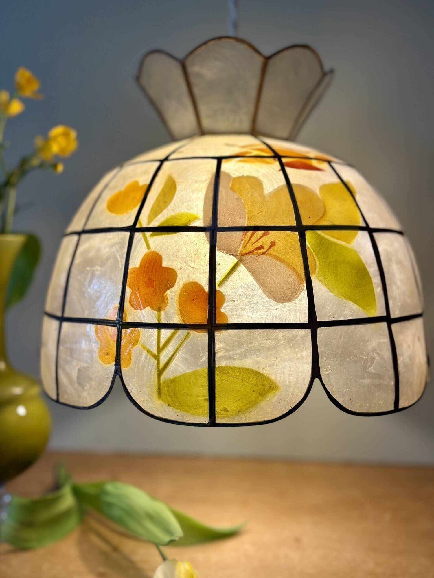 Vintage mother-of-pearl and brass lampshade pendant light with flower decorations