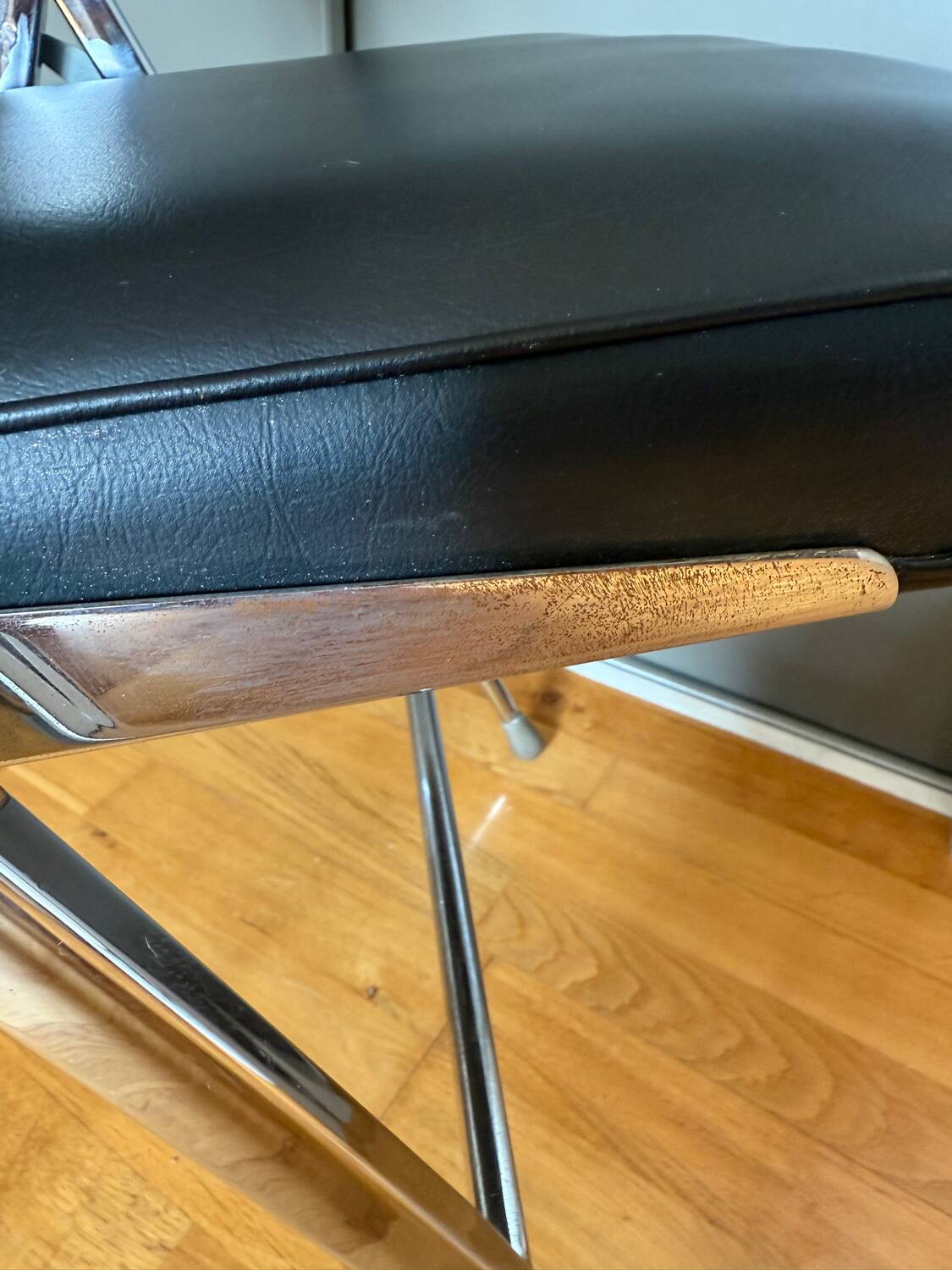 Black faux leather folding chairs with chrome steel, vintage 70s.