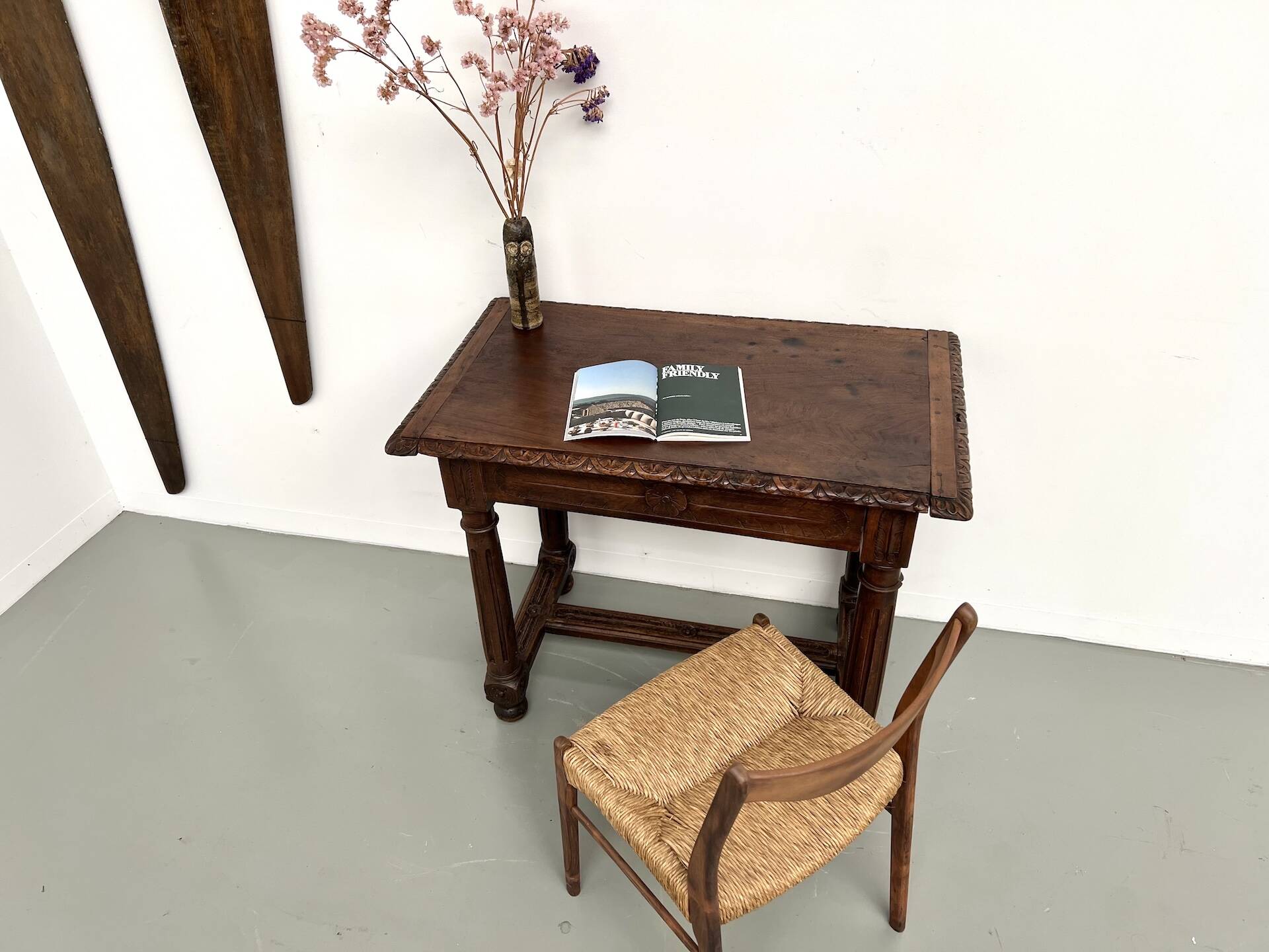 Small carved oak writing table, 19th century