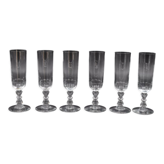 6 flûtes à champagne anciennes en verre soufflé petites côtes plates