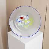 XL Vintage Murano Glass Bowl with Blue Rim and Multicolor Dots – Mouth-Blown Italian Glass, 1980s Pop Art