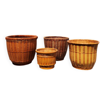 Lot de 4 cache pots en rotin vintage 