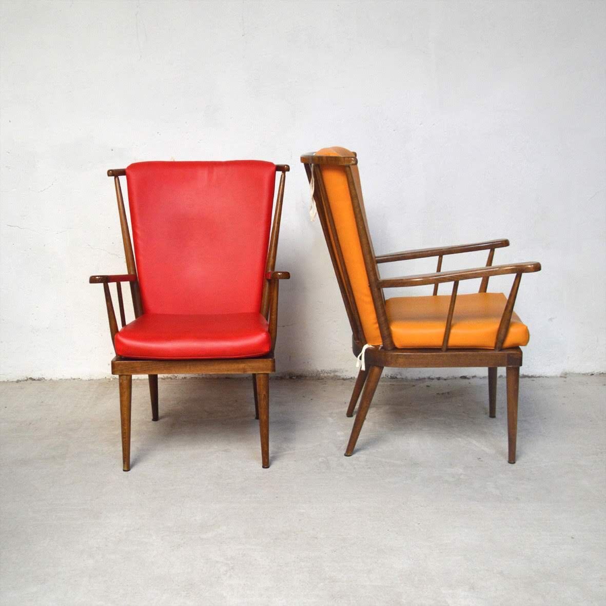 Fauteuils « Éventail »  Baumann rouge et jaune orangé années 80