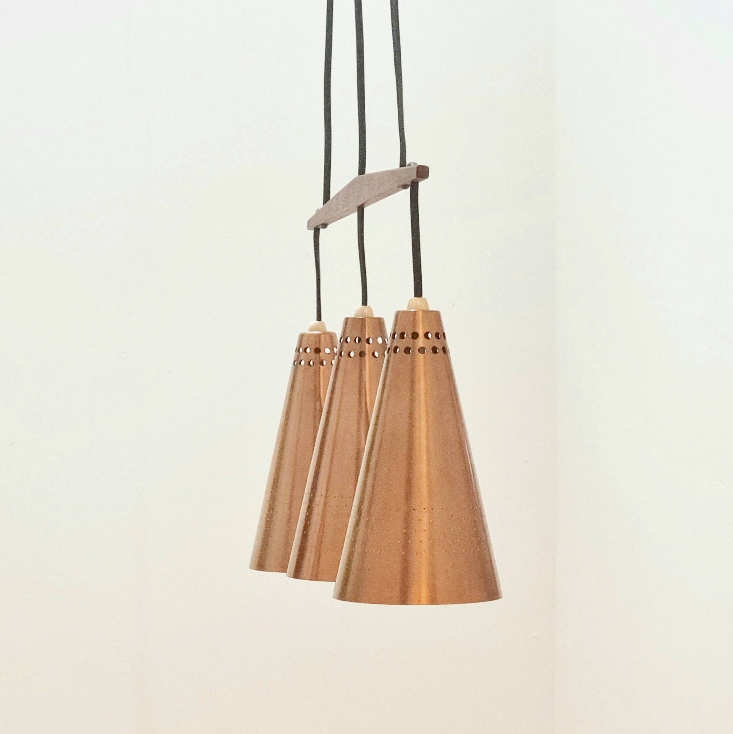 Mid Century Scandinavian Copper & Teak Triple Pendant By Jakobsson, 1950s