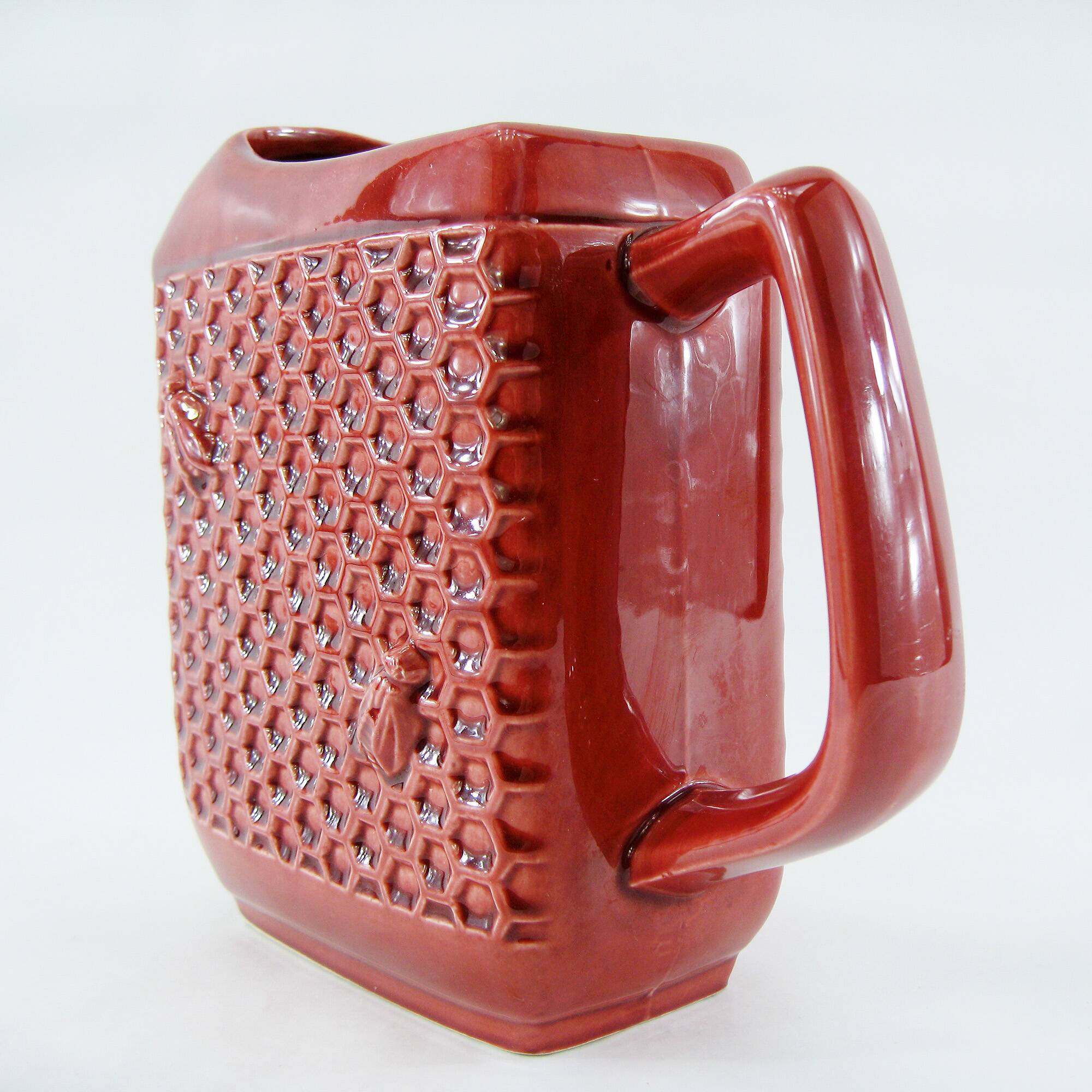 Red ceramic pitcher - bees and honeycombs decor - St Clément France - vintage 60s