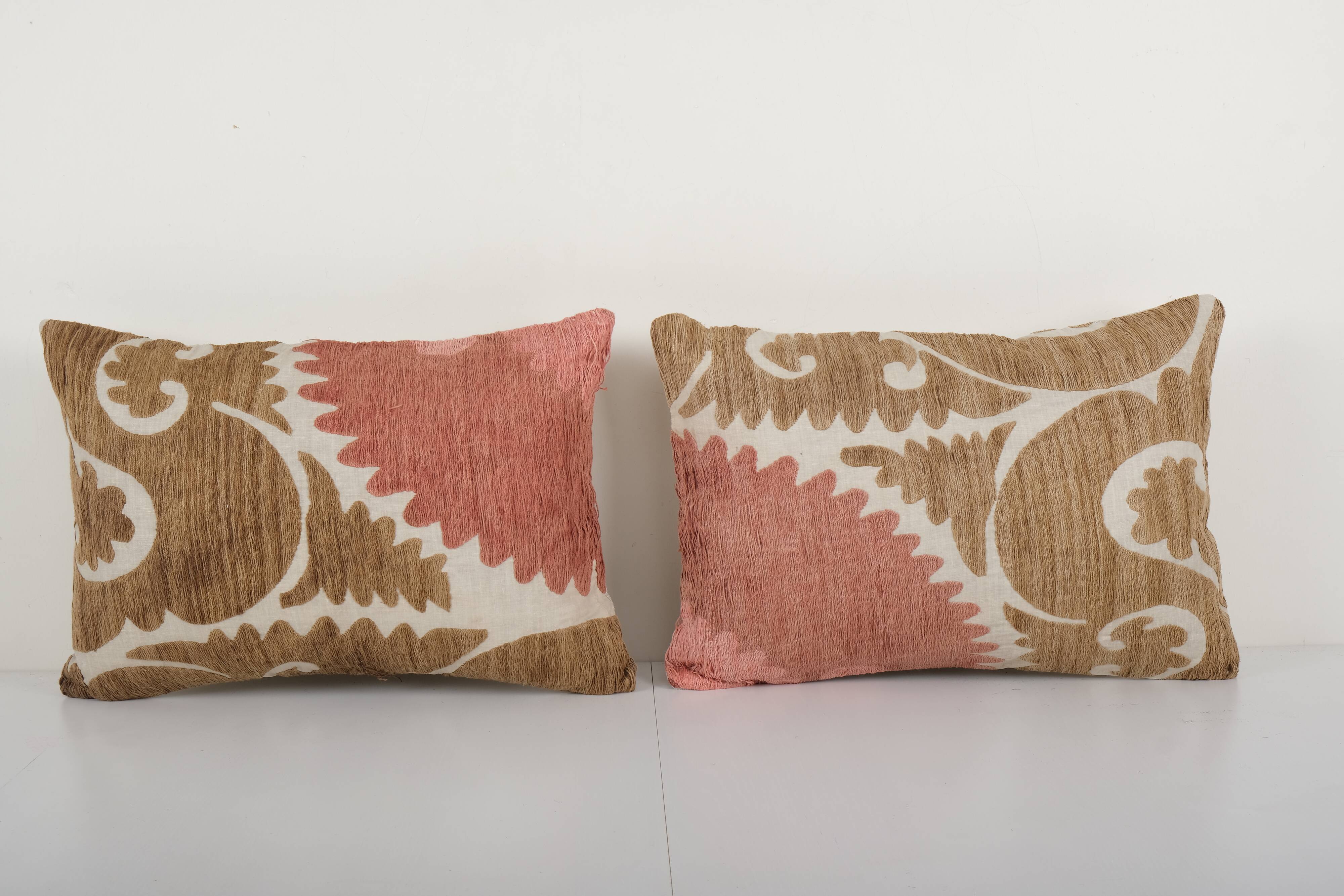 Pink suzani pillow cases fashioned from a vintage suzani, set of two muted brown suzani pillow, lumb