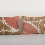 Pink suzani pillow cases fashioned from a vintage suzani, set of two muted brown suzani pillow, lumb