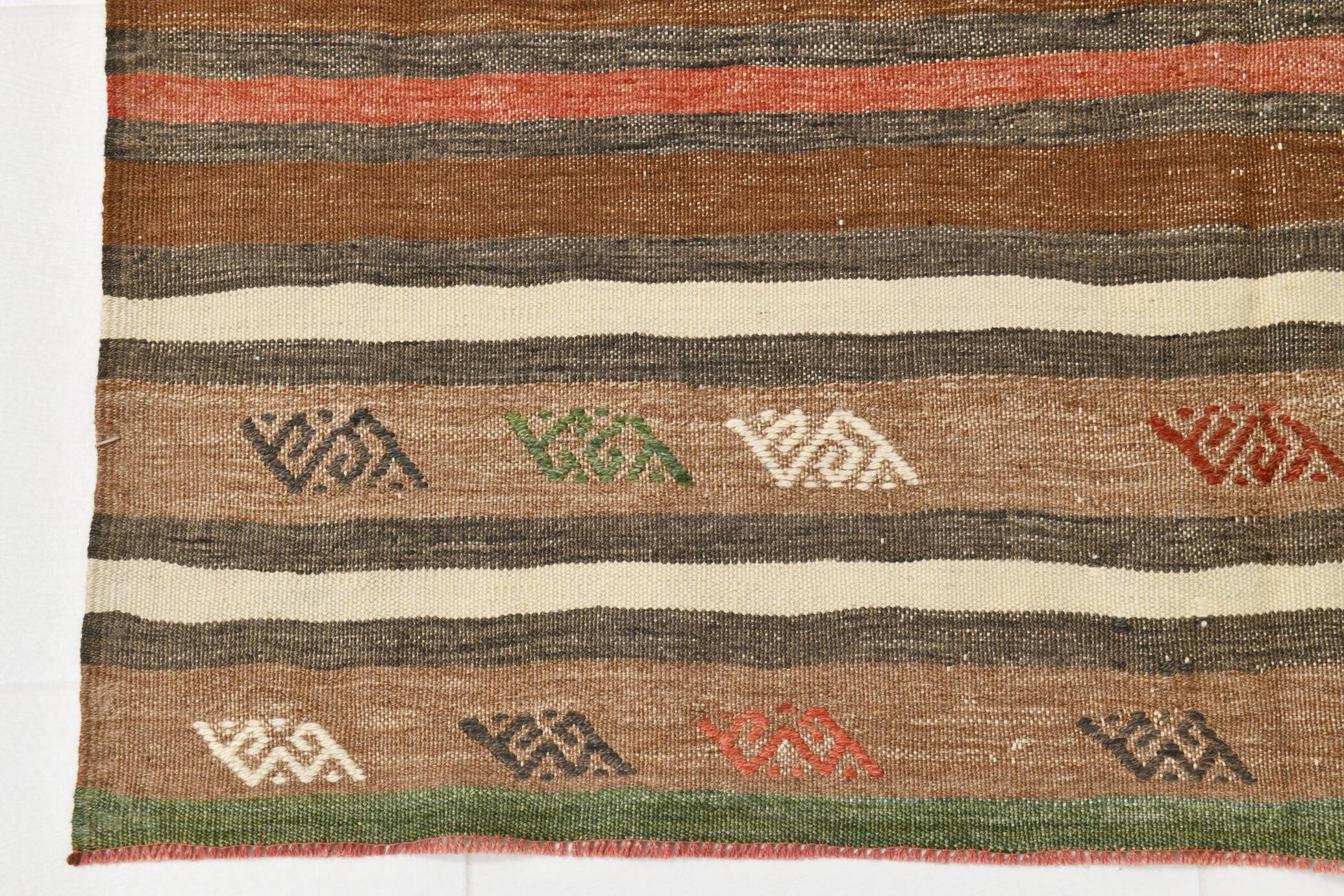 Tapis Kilim Vintage – Rayures Naturelles aux Tons Terreux, 136x195 Cm