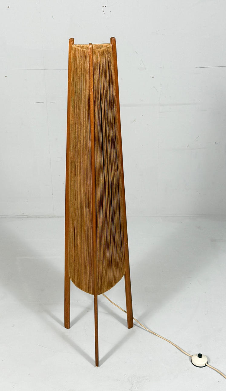 Mid-century floor lamp, sisal/teak wood, Temde, Switzerland, 1960s.