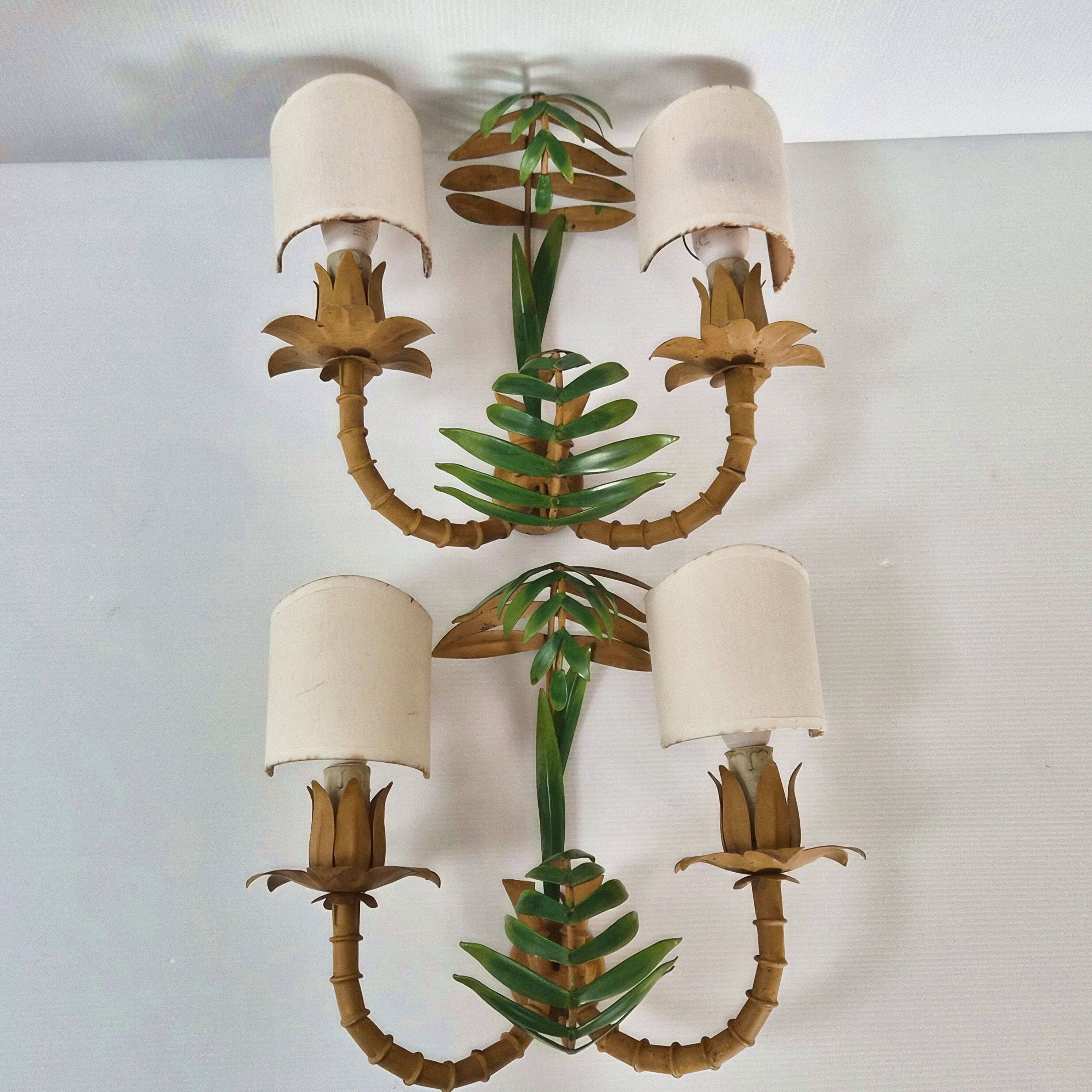 Pair of bamboo imitation wall lights, vintage 1970s.