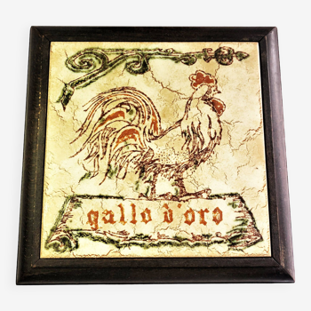 Grand dessous-de-plat en bois et faîence décor de coq Gallo Oro vintage 25 cm
