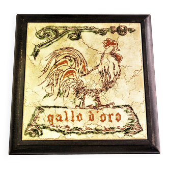 Grand dessous-de-plat en bois et faîence décor de coq Gallo Oro vintage 25 cm