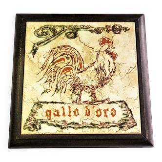 Large wooden trivets and earthenware rooster decoration Gallo Oro vintage 25 cm