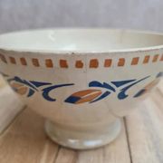 Bol ancien en terre de fer décor bleu et ocre vintage