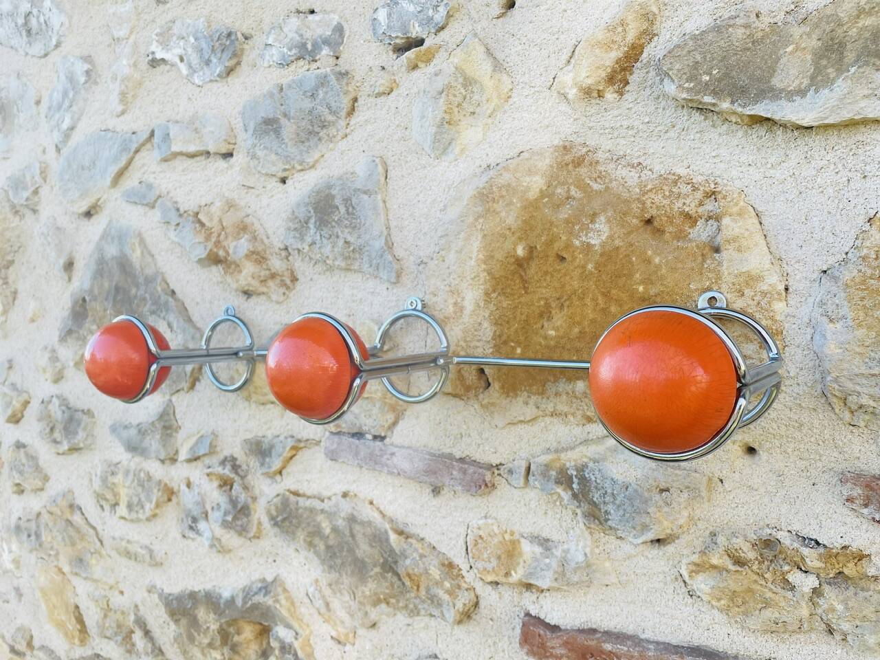 Space Age Chrome and Wood Wall Coat Rack 1970s