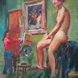 Antique oil painting portrait artist and Nude Model in Studio 20th century