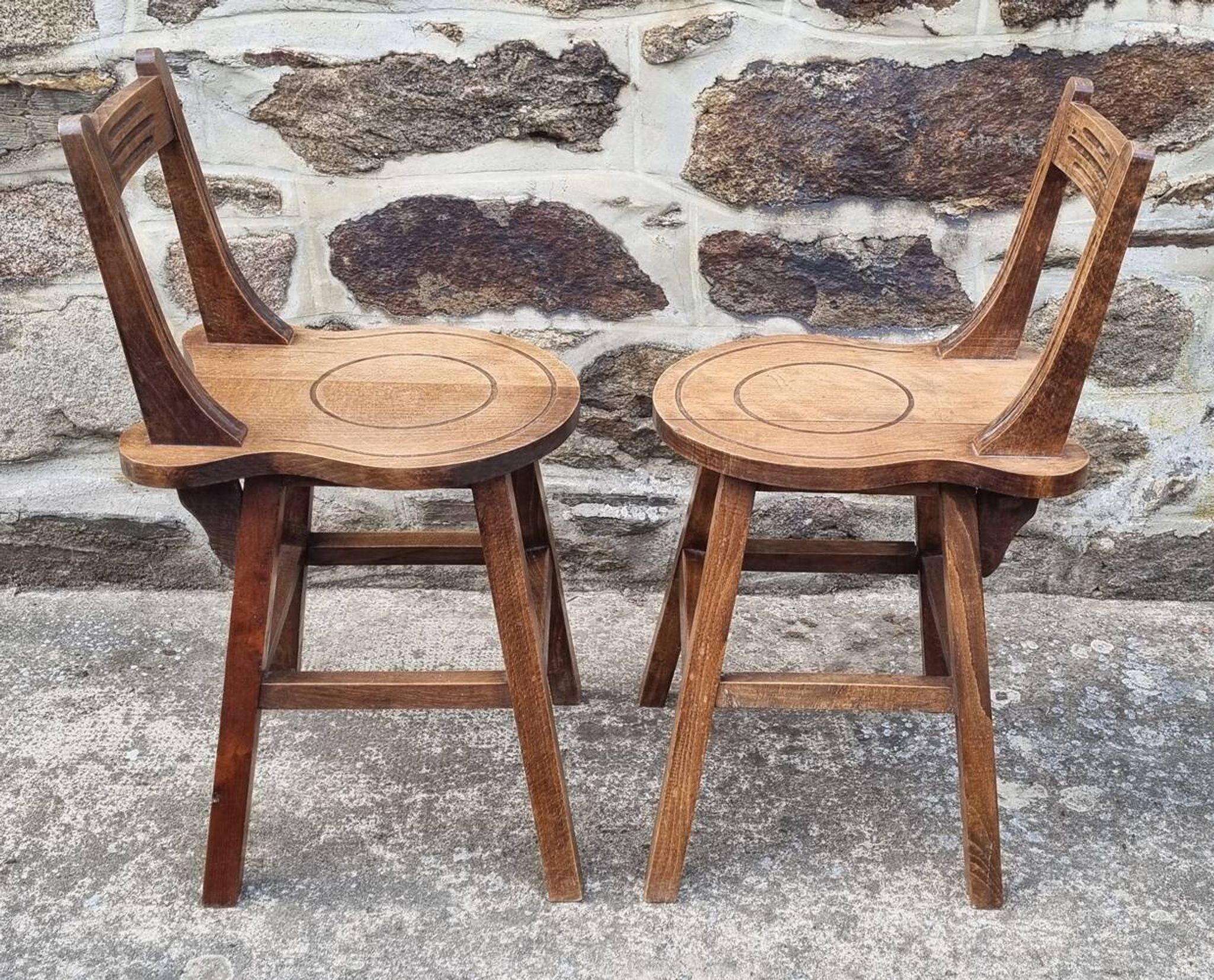 Set of rustic chairs and stools in carved oak, vintage, 1950s.