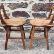 Set of rustic chairs and stools in carved oak, vintage, 1950s.