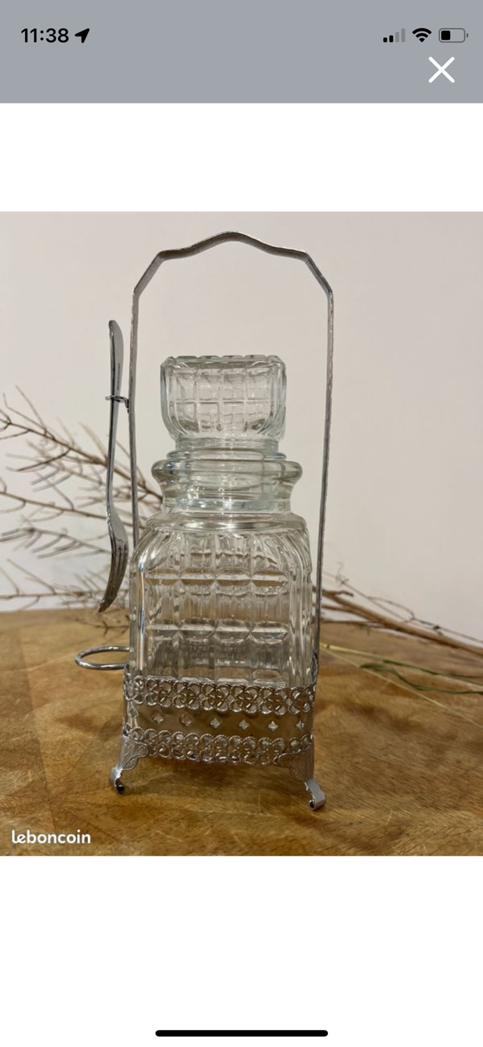 Serving set / condiment pot - crystal glass and chiseled iron