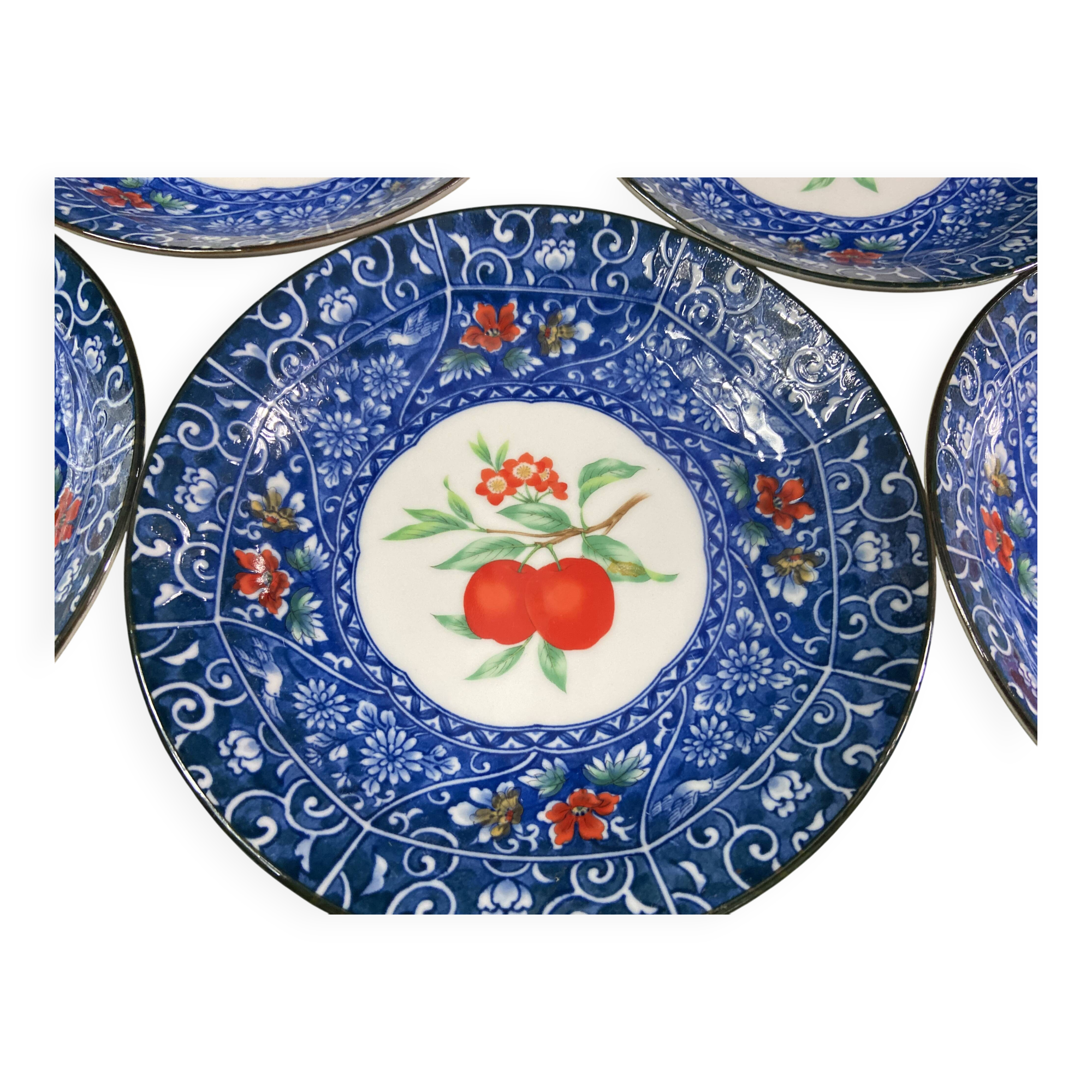 Set of 10 signed porcelain dessert plates with fruit decoration