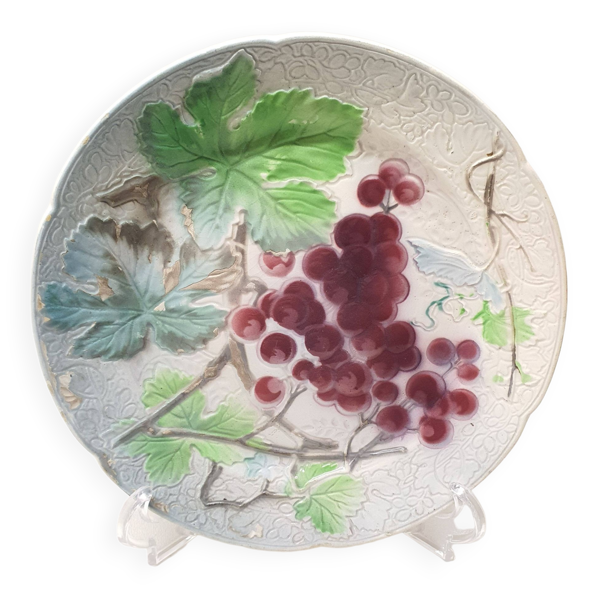 Decorative Plate Barbotine St Clément Made In France Vintage Grape Pattern