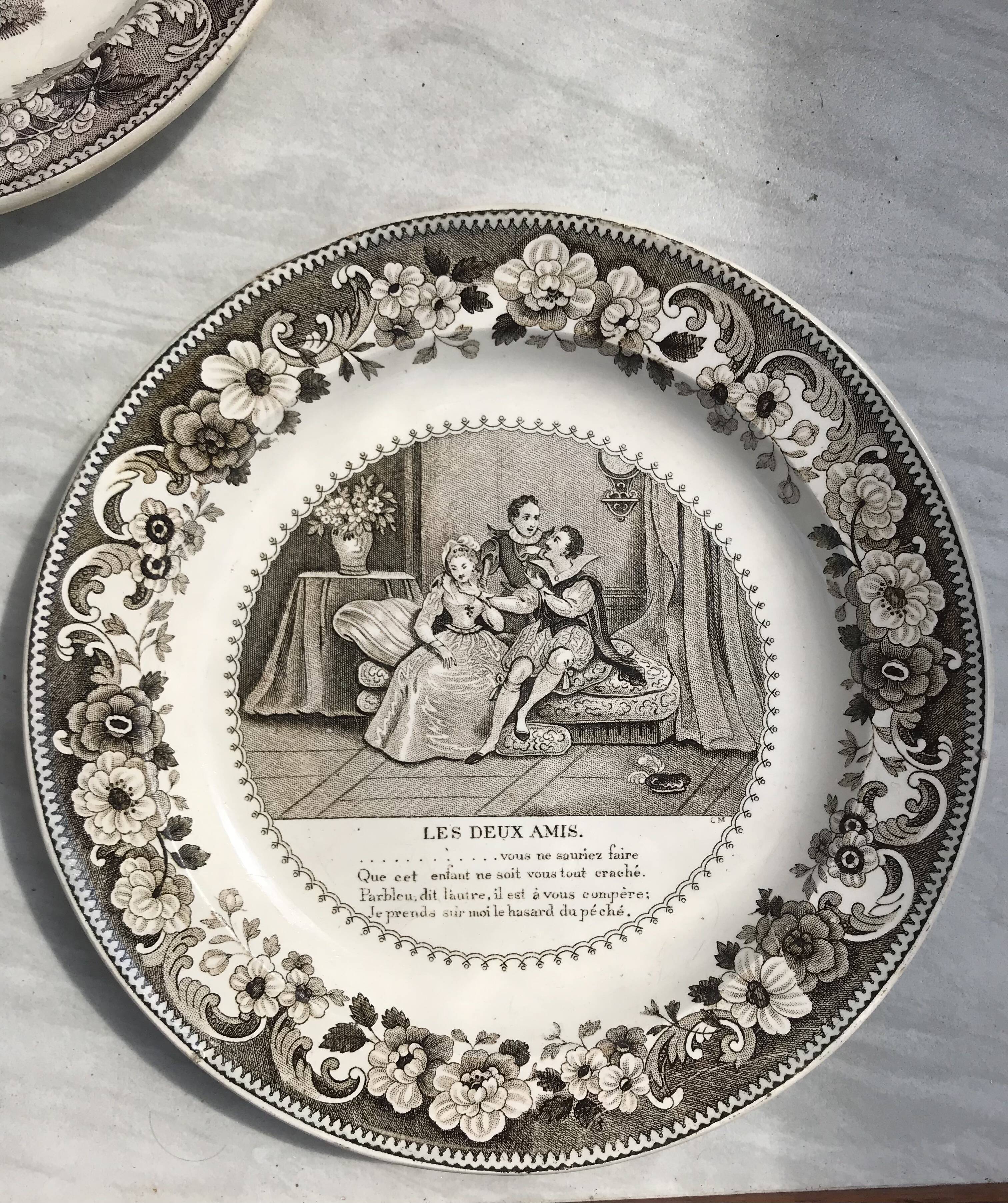 Set of 3 talking plates in Montereau earthenware "Louis Lebeuf Montereau"