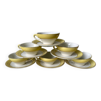 Set of 6 cups and textured yellow sub-cups digoin sarreguemines 50s