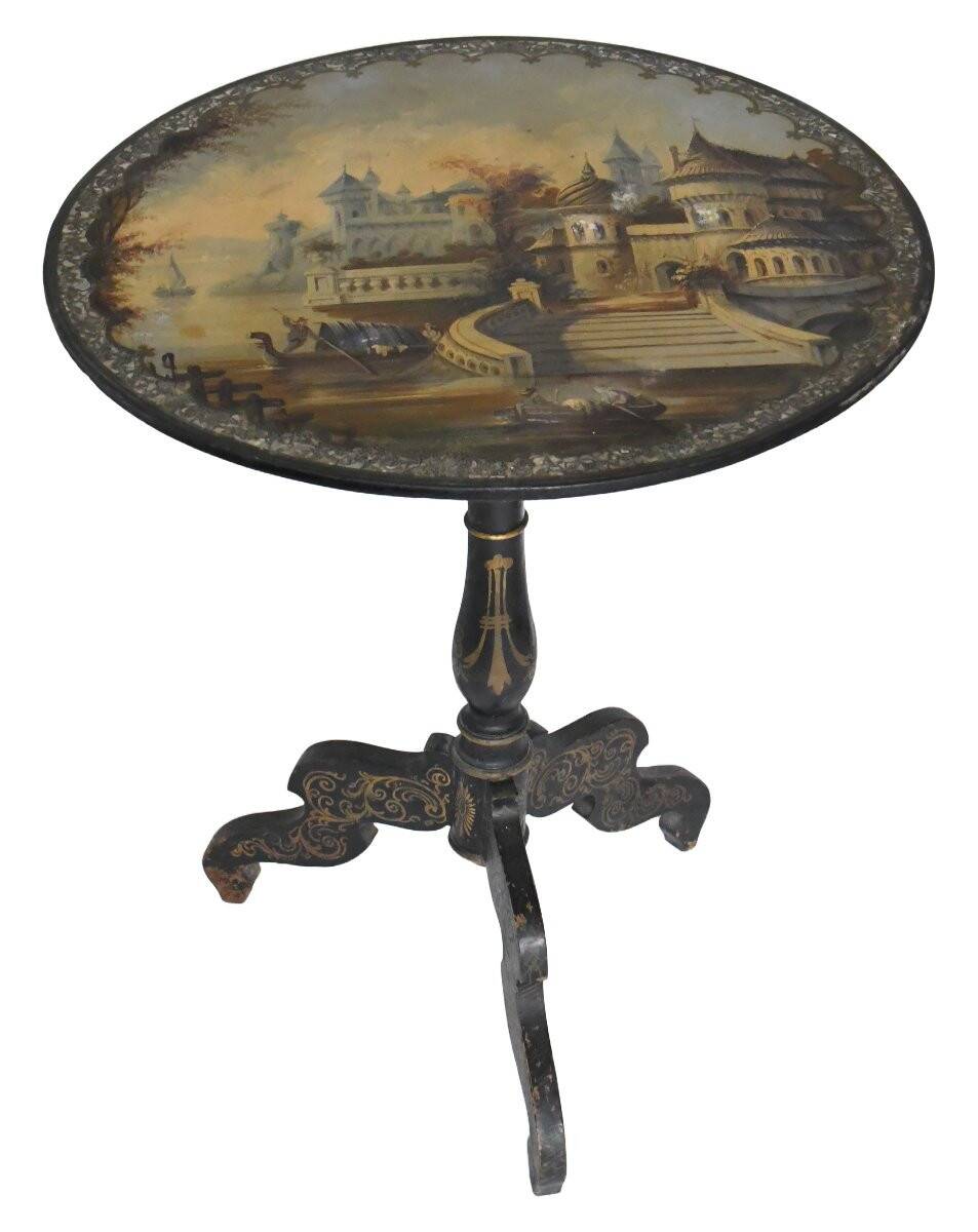 Napoleon III period gueridon in blackened wood with burgauté decoration and painting.