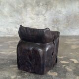 Stool, tabouret or low Japanese-style armchair in brutalist monoxyle radica.