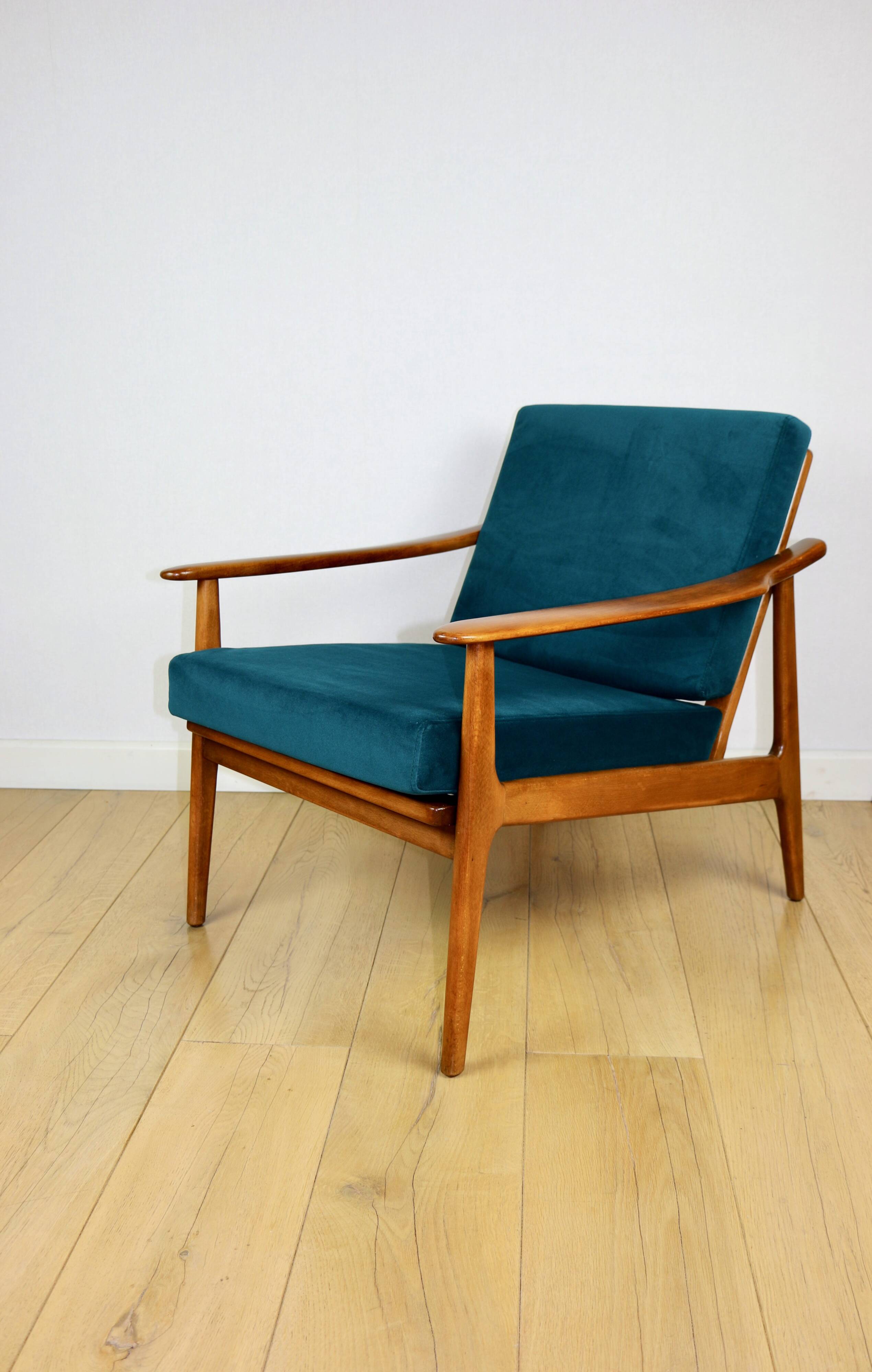 Danish vintage loft armchair in sea green on removable cushions