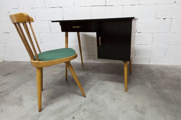 Bureau Baumann et sa chaise assortie 1960 formica bois et noir assise verte