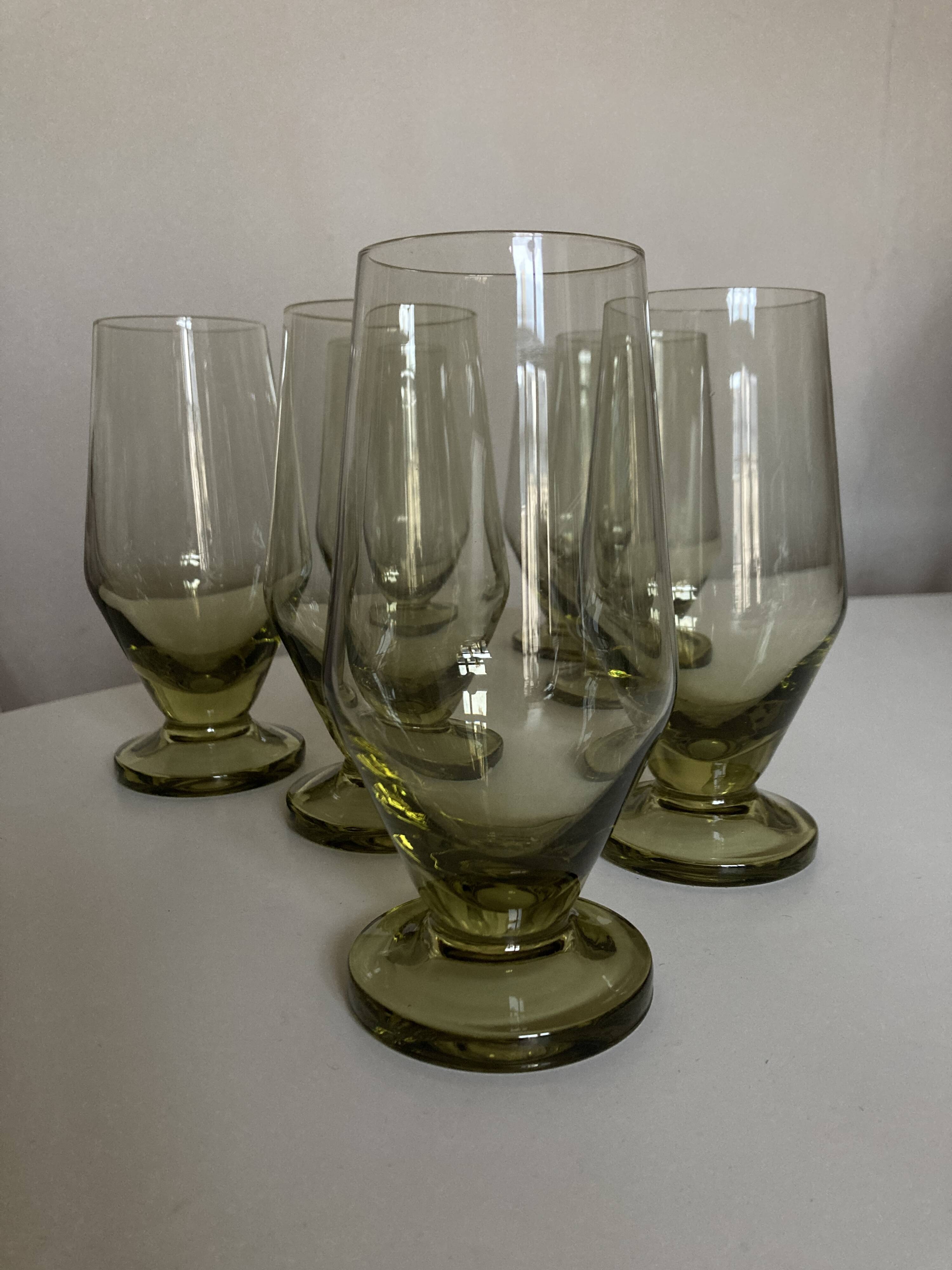 Set of 7 modernist lime green stemmed glasses 1950