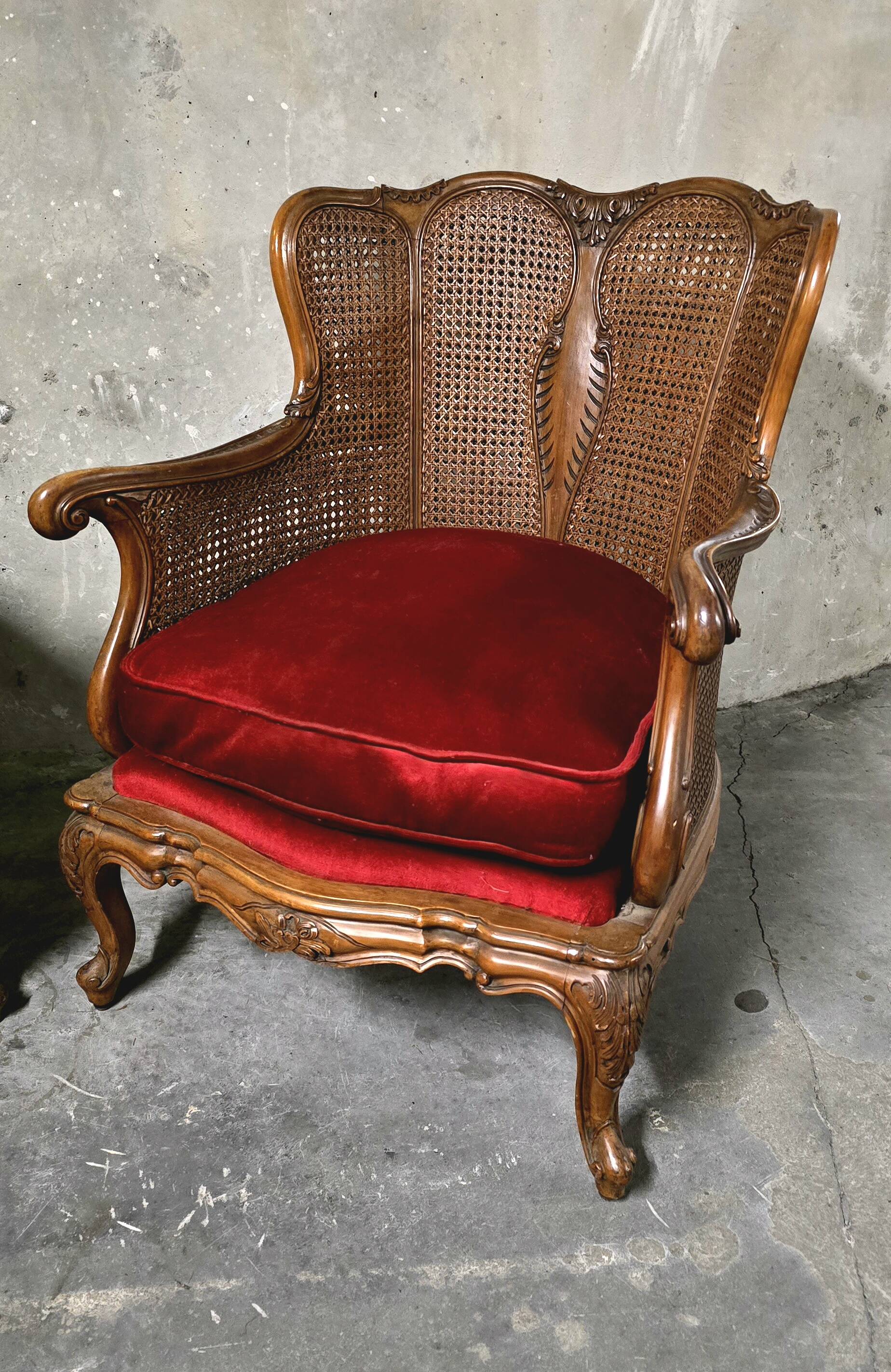 Pair of wooden and rattan armchairs, Louis XV style
